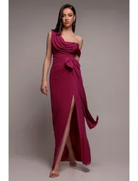 فستان ماكسي بفيونكة بكتف واحد بياقة منسدلة - أرجواني