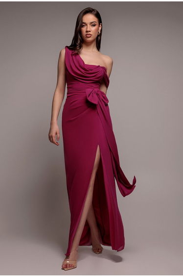 One Shoulder Cowl With Bow Detail Maxi Dress - Magenta by Goddiva