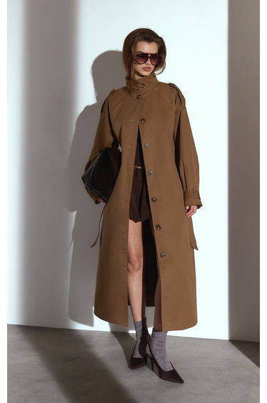 Camel Funnel Neck Maxi Trench Coat