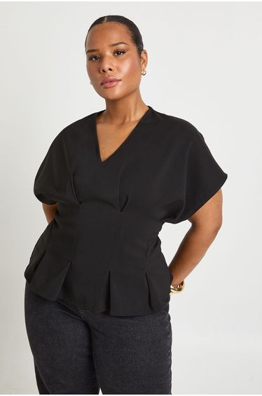 Plus Pleated Woven Peplum Top - black