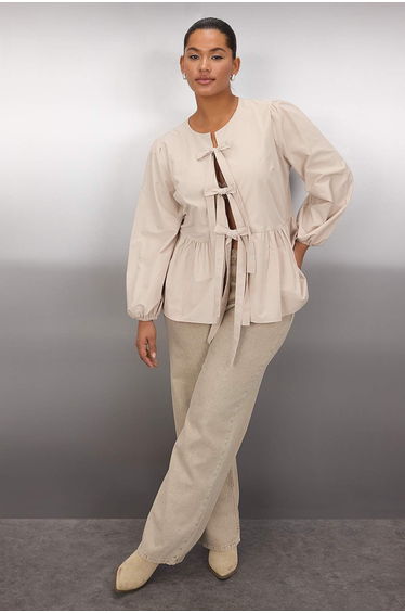 Stone Bow/Ribbon Tied Long Sleeve Woven Plus Size