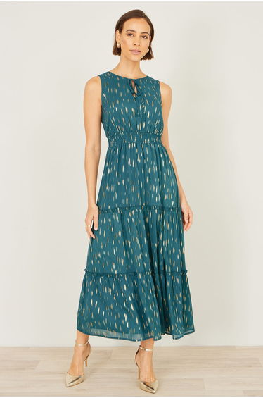 Yumi Teal Foil Print Ruched Waist Dress With Tie Notch Neckline