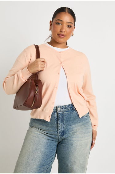 Plus Rib Knit Crew Neck Button Through Cardigan - peach