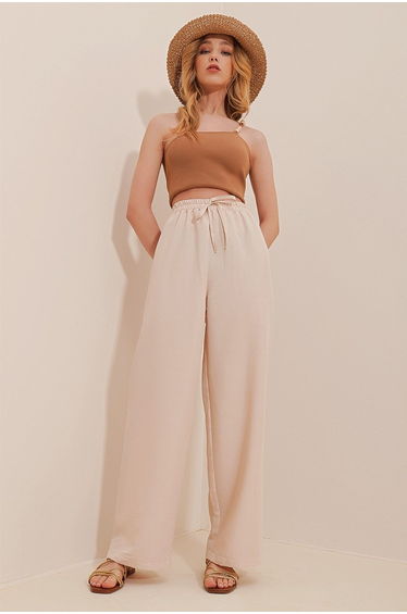 Women's Beige Elastic Waist, Comfortable Cut, Aerobin Pants