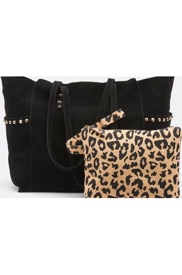 Suede Tote Bag with Leopard Print Pouch