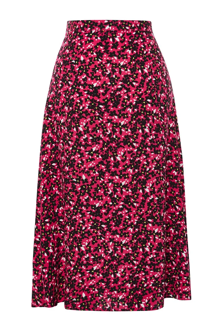 Pink Slit Detail Viscose Fabric Floral Patterned Midi Woven Skirt - 7