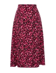 Pink Slit Detail Viscose Fabric Floral Patterned Midi Woven Skirt - 7