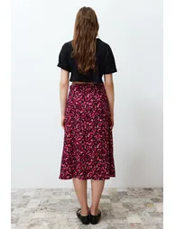 Pink Slit Detail Viscose Fabric Floral Patterned Midi Woven Skirt - 5