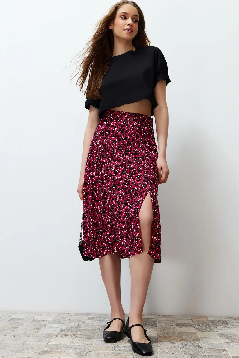 Pink Slit Detail Viscose Fabric Floral Patterned Midi Woven Skirt - 1
