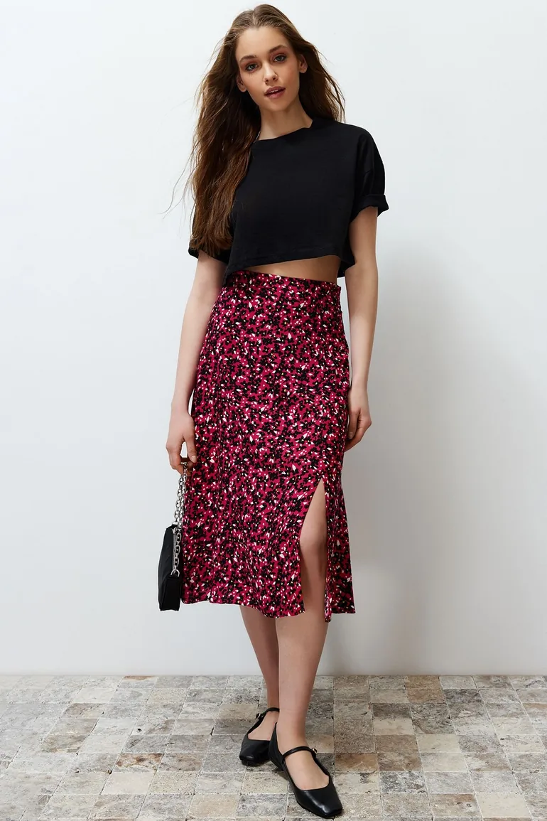 Pink Slit Detail Viscose Fabric Floral Patterned Midi Woven Skirt