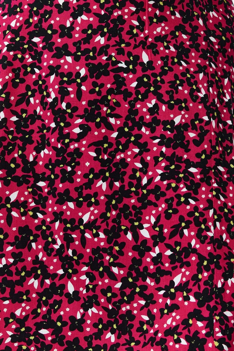 Pink Slit Detail Viscose Fabric Floral Patterned Midi Woven Skirt - 4