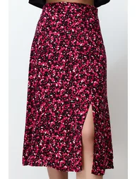 Pink Slit Detail Viscose Fabric Floral Patterned Midi Woven Skirt - 3