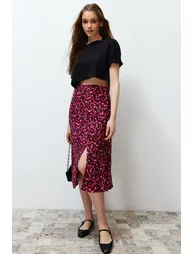 Pink Slit Detail Viscose Fabric Floral Patterned Midi Woven Skirt - 2