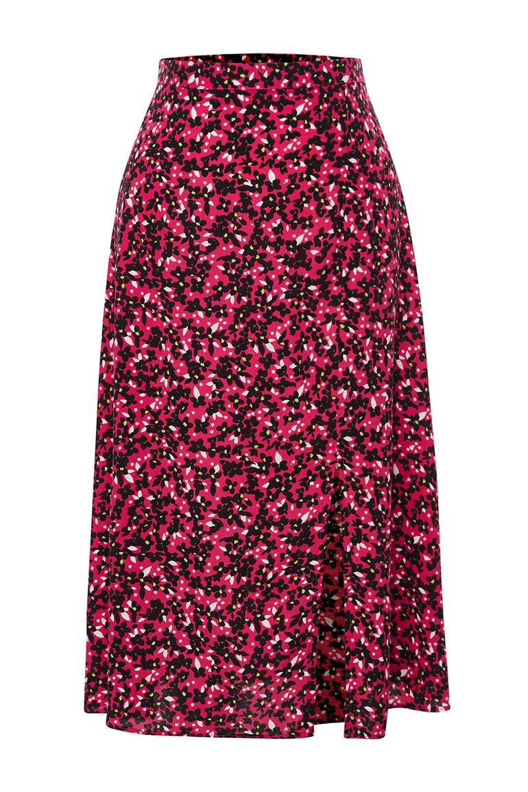 Pink Slit Detail Viscose Fabric Floral Patterned Midi Woven Skirt - 6