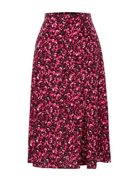 Pink Slit Detail Viscose Fabric Floral Patterned Midi Woven Skirt - 6