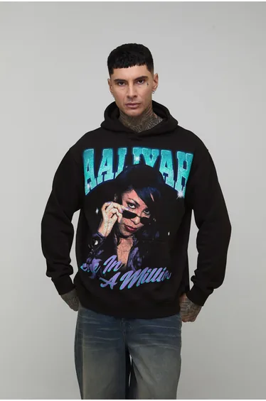 Tall Oversized Aaliyah License Printed Hoodie - black