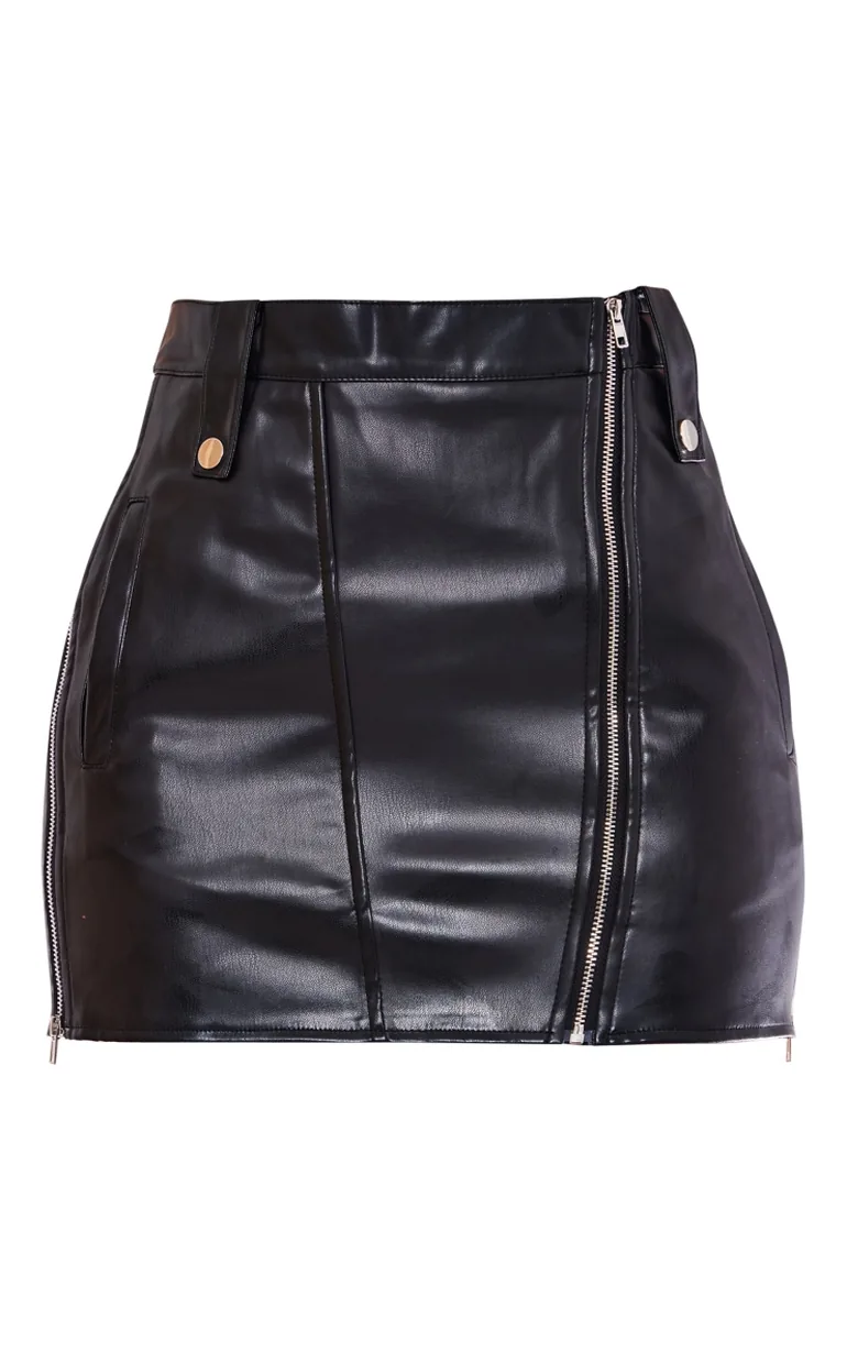 Petite Black Faux Leather Zip Detail Mini Skirt - 5