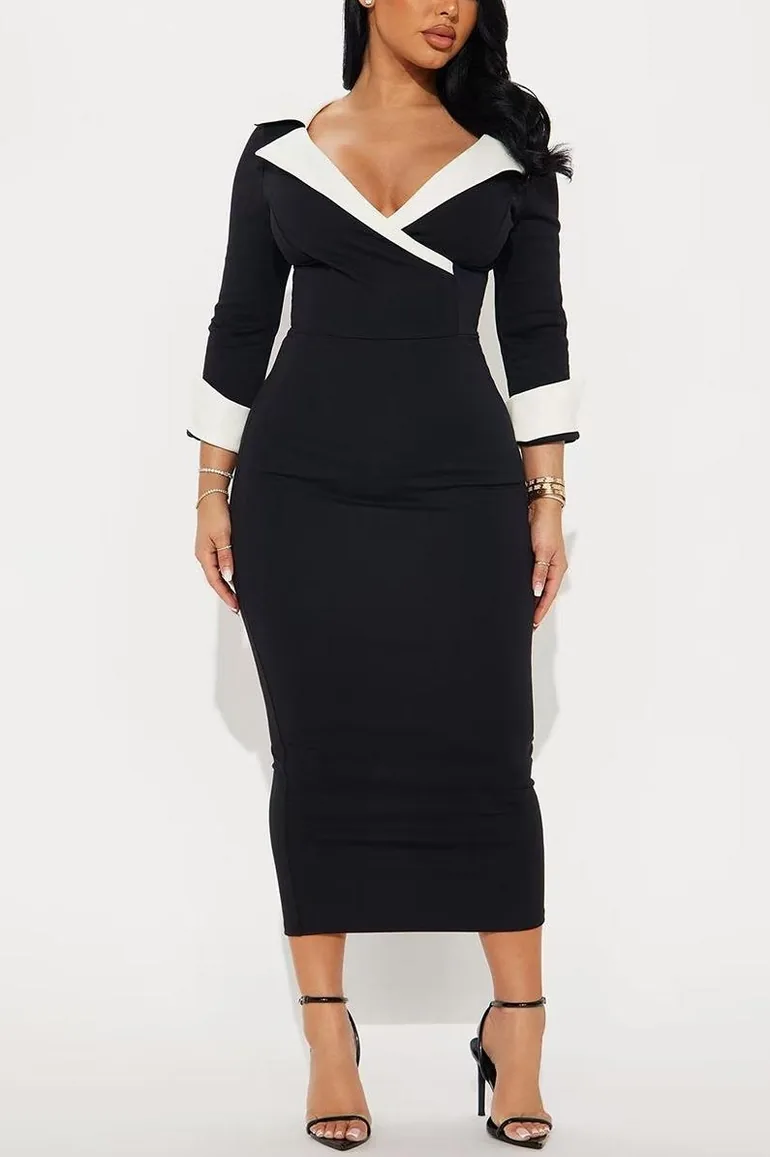 Bodycon Three-Quarter Sleeves Contrast Color Split-Side Notched Collar Blazer Midi Dresses