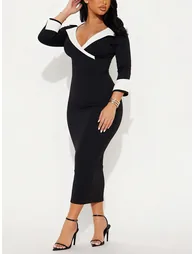 Bodycon Three-Quarter Sleeves Contrast Color Split-Side Notched Collar Blazer Midi Dresses - 2