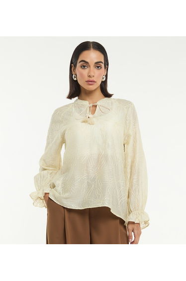 BCBG EMBROIDERED LONG SLEEVES WOVEN BLOUSE