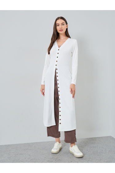 White Knitted Cardigan with Button Placket