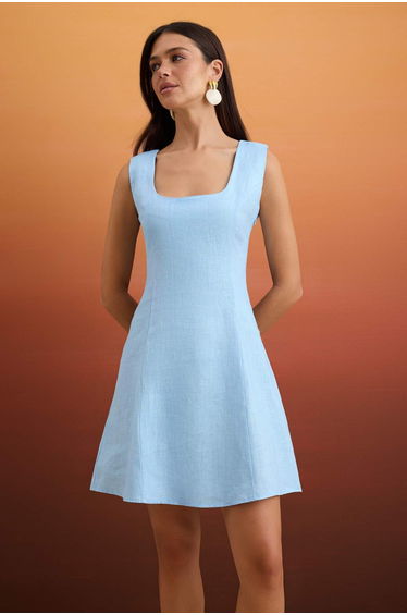 Light Blue 100% Linen Back Tie Detailed Short / Mini Woven Dress