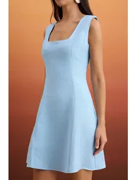 Light Blue 100% Linen Back Tie Detailed Short / Mini Woven Dress - 4