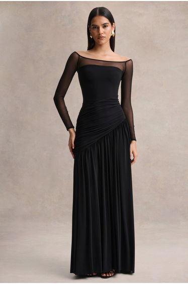 Bexley | Black Bardot-Neck Draped Maxi Dress