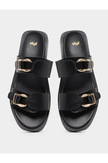 Double Band Slip on Sandals with Buckle Detail