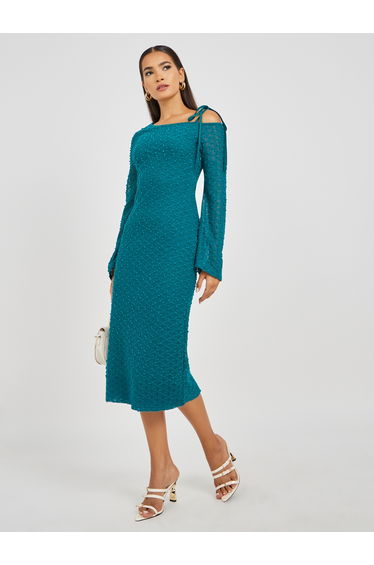 Self Design Asymmetric Neck Sheath Midi Dress