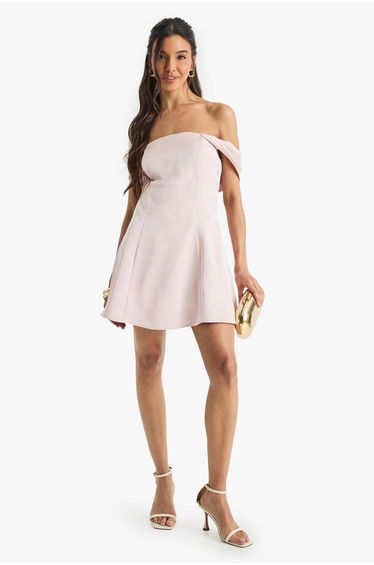 Satin Bardot Skater Mini Dress - dusty pink
