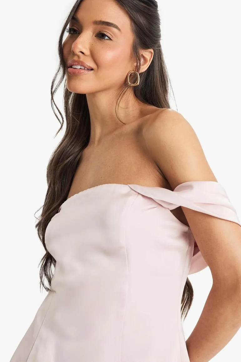 Satin Bardot Skater Mini Dress - dusty pink - 3