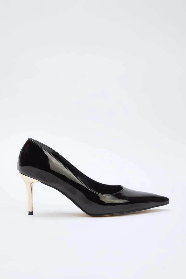 Black Patent Leather Pointed Toe Thin Gold Heeled Women's Classic Heeled Shoes - 4