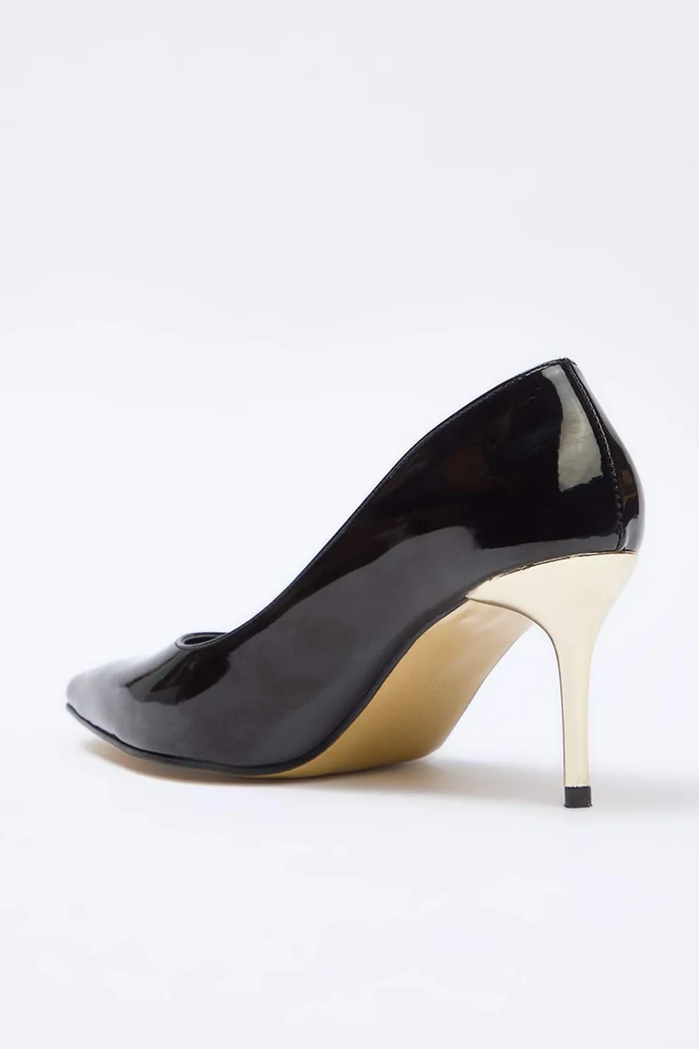 Black Patent Leather Pointed Toe Thin Gold Heeled Women's Classic Heeled Shoes - 5