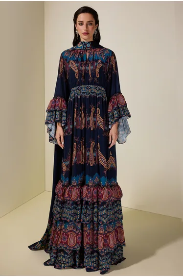 Paisley Print Ruffle Raglan Sleeve Maxi Dress