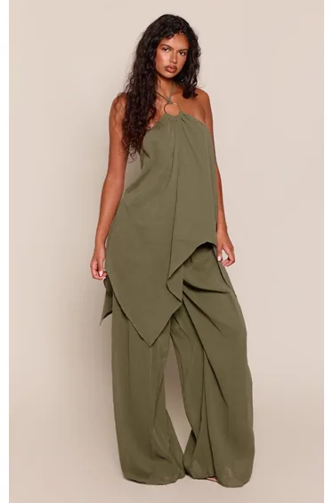 Khaki Trim Detail Flowy Asymmetric Top Co-ord