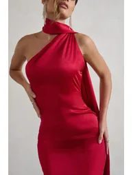 Madame | Berry Red Satin Asymmetric Scarf Neck Backless Midi Dress - 2