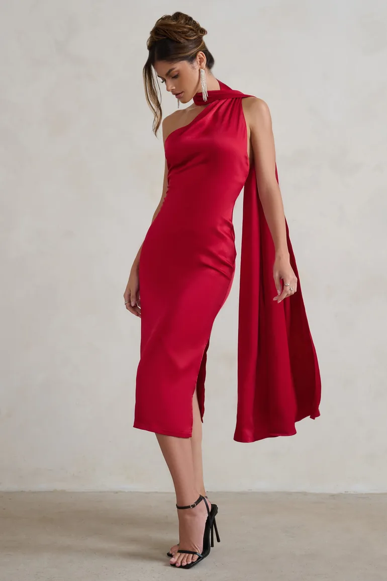 Madame | Berry Red Satin Asymmetric Scarf Neck Backless Midi Dress - 3