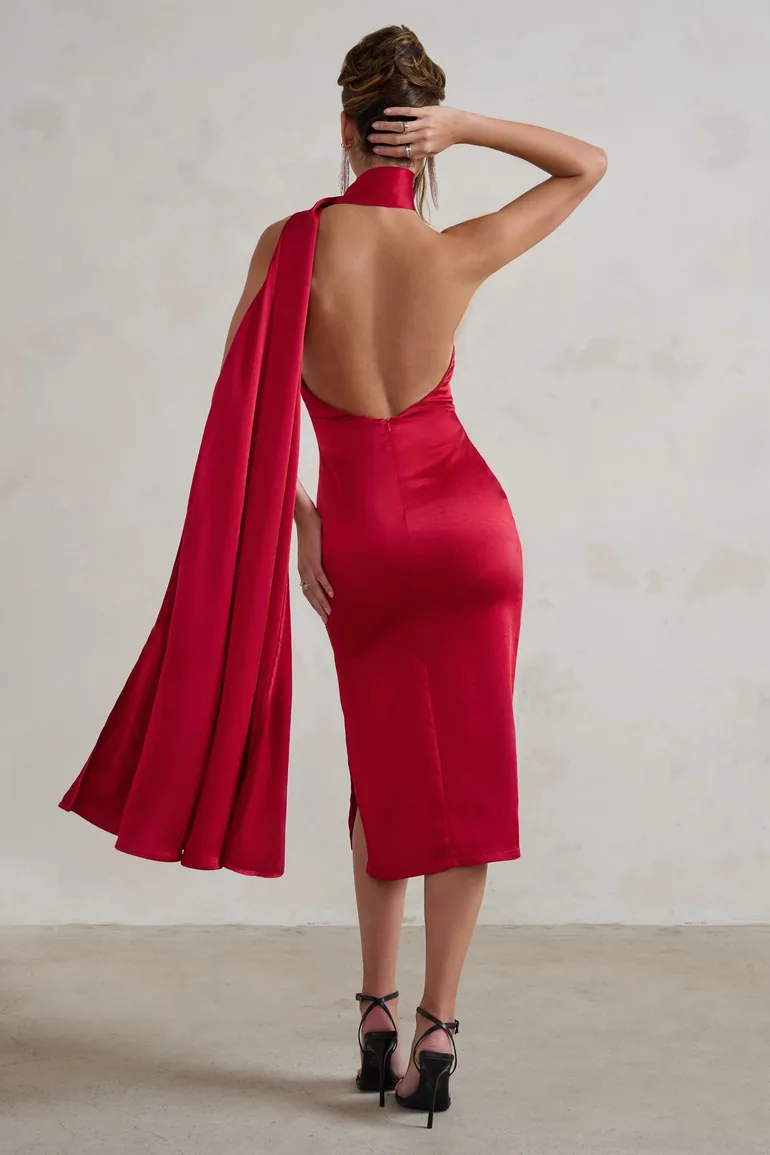 Madame | Berry Red Satin Asymmetric Scarf Neck Backless Midi Dress - 1
