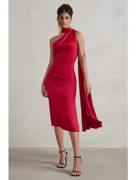 Madame | Berry Red Satin Asymmetric Scarf Neck Backless Midi Dress - 4