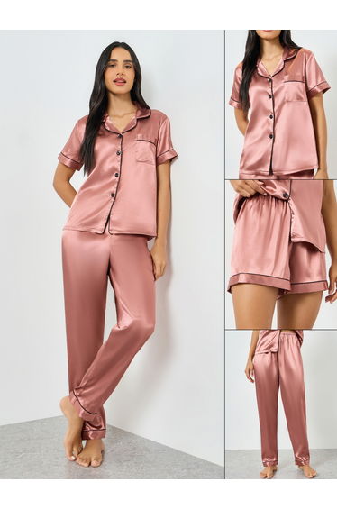 Pack of 3 - Satin Short Sleeve Shirt, Pyjama And Shorts Set