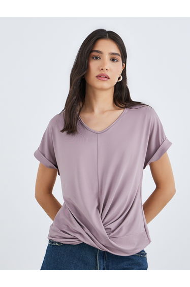 Solid V-Neck Short Sleeve Twist Front Top