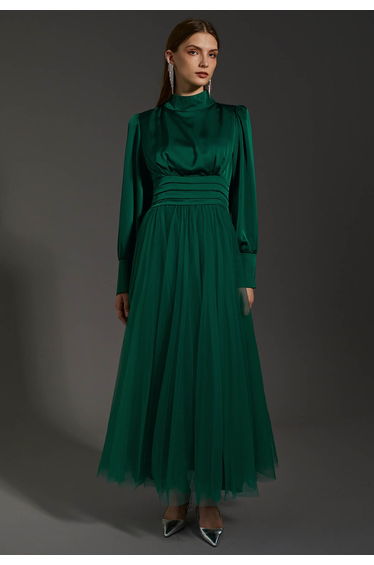 Shine Bright High Neck Tulle Maxi Dress in Emerald