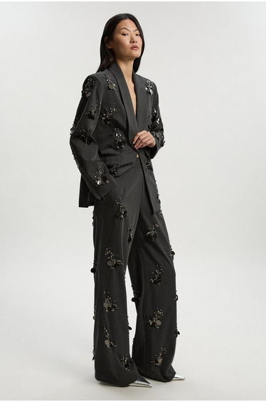 Petite Cluster Sequin & Crystal Embellished Tailored Wide Leg Trouser