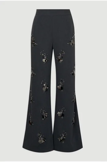 Petite Cluster Sequin & Crystal Embellished Tailored Wide Leg Trouser