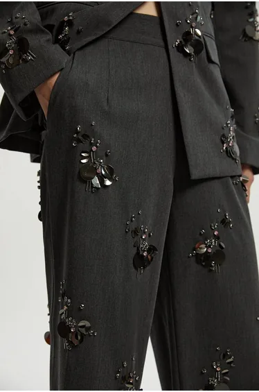 Petite Cluster Sequin & Crystal Embellished Tailored Wide Leg Trouser