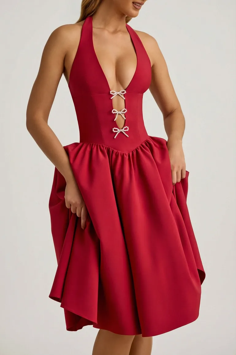 Halterneck Bow-Detail Midi Dress in True Red - 6