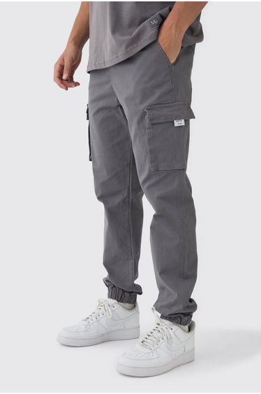 Slim Fit Elasticated Waist Woven Tab Cuffed Cargo Trousers - charcoal