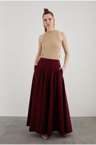High-Waisted Wide Pleated Side Pocket Long Red Skirt