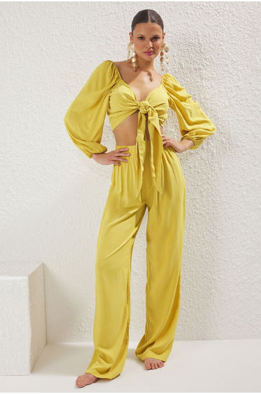 Light Oil Green Woven Tied Blouse Trousers Beach Set